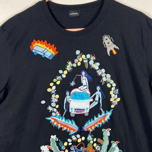 🔥🔥 DIESEL Brand EMBROIDERED Y2K Black Designer T-SHIRT - RARE - Men Sz Lg - GU - Picture 2 of 11